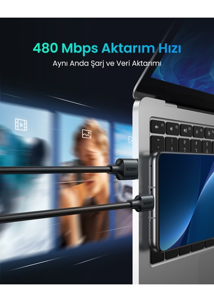USB-C to USB-A 3A QC Hızlı Şarj Kablosu, 0,25 Metre, Siyah, 60114