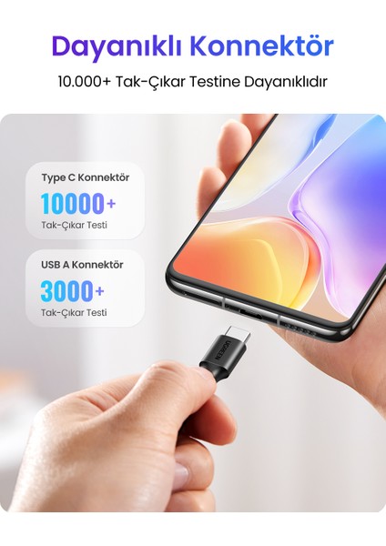 USB-C to USB-A 3A QC Hızlı Şarj Kablosu, 0,25 Metre, Siyah, 60114