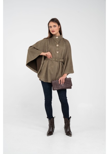 Süet Dokulu Kuşaklı Altın Düğmeli Kadın Pelerin Kap 9000