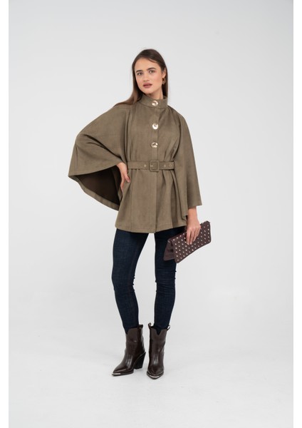 Süet Dokulu Kuşaklı Altın Düğmeli Kadın Pelerin Kap 9000 fiyatları