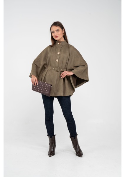 Süet Dokulu Kuşaklı Altın Düğmeli Kadın Pelerin Kap 9000 modelleri