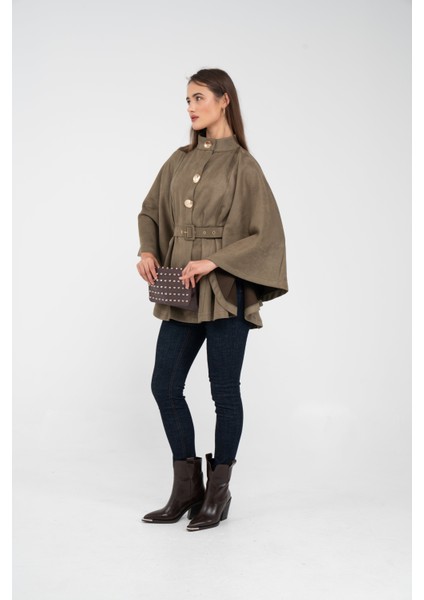 Süet Dokulu Kuşaklı Altın Düğmeli Kadın Pelerin Kap 9000 fırsatları