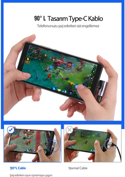 USB-C to USB-A 3A QC 90 Derece Hızlı Şarj Kablosu, 1 Metre, Uzay Girişi, 50941 modelleri