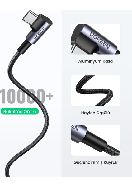 USB-C to USB-A 3A QC 90 Derece Hızlı Şarj Kablosu, 1 Metre, Uzay Girişi, 50941
