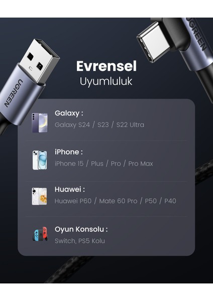 USB-C to USB-A 3A QC 90 Derece Hızlı Şarj Kablosu, 1 Metre, Uzay Girişi, 50941