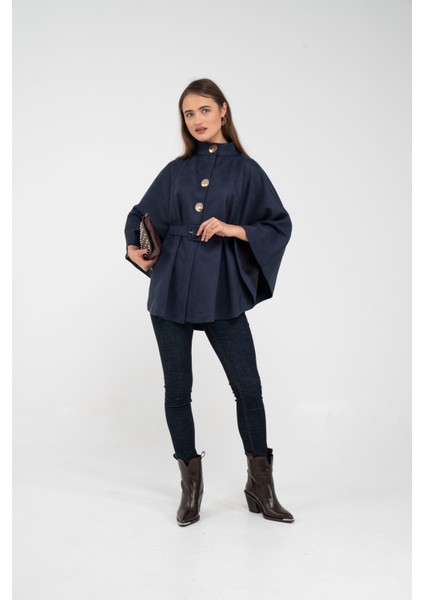 Süet Dokulu Kuşaklı Altın Düğmeli Kadın Pelerin Kap 9000