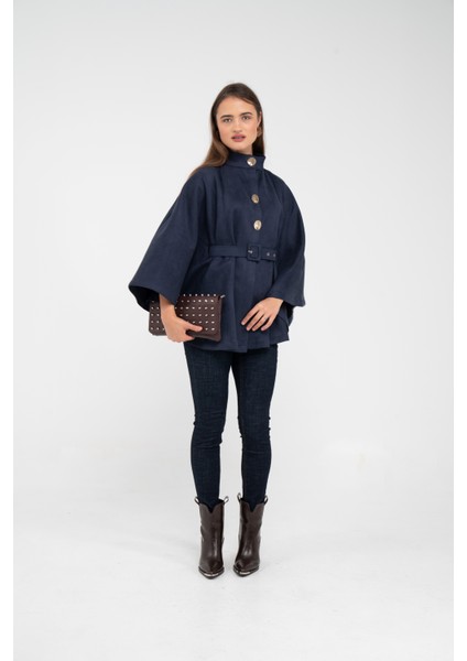 Süet Dokulu Kuşaklı Altın Düğmeli Kadın Pelerin Kap 9000 fiyatları