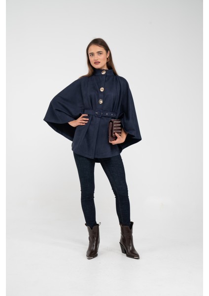 Süet Dokulu Kuşaklı Altın Düğmeli Kadın Pelerin Kap 9000 modelleri