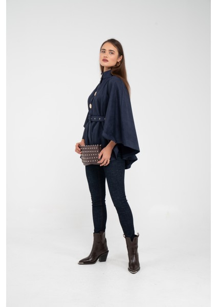 Süet Dokulu Kuşaklı Altın Düğmeli Kadın Pelerin Kap 9000 indirimleri