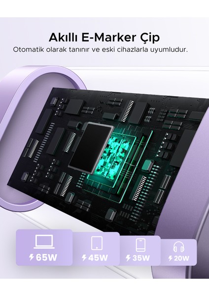 Uno Usb-C 100W 5A Qc Pd Örgülü Hızlı Şarj Kablosu, 1 Metre, Mor, 65092