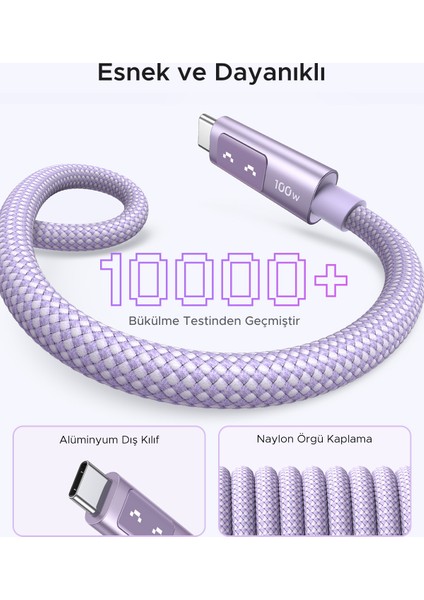 Uno Usb-C 100W 5A Qc Pd Örgülü Hızlı Şarj Kablosu, 1 Metre, Mor, 65092