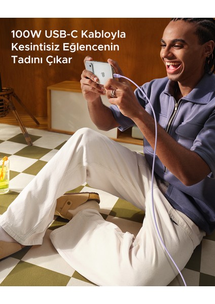 Uno Usb-C 100W 5A Qc Pd Örgülü Hızlı Şarj Kablosu, 1 Metre, Mor, 65092