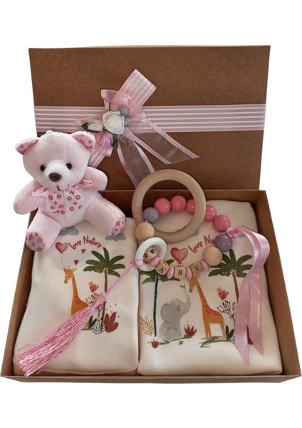 Hoşgeldin Bebek, Yenidoğan Kız Bebek, Kişiye Özel Isimli Diş Kaşıyıcı ve Beşli Hastane Çıkışı Hediye Seti