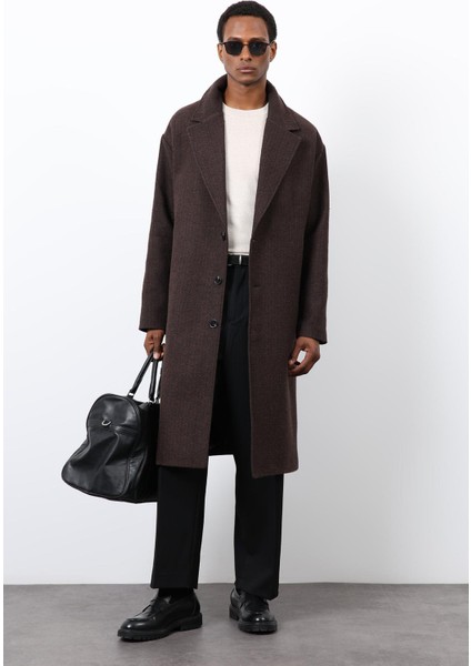 Kahve Relax Fit Balıksırtı Desenli Erkek Kaban