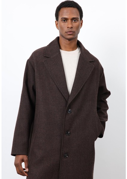 Kahve Relax Fit Balıksırtı Desenli Erkek Kaban