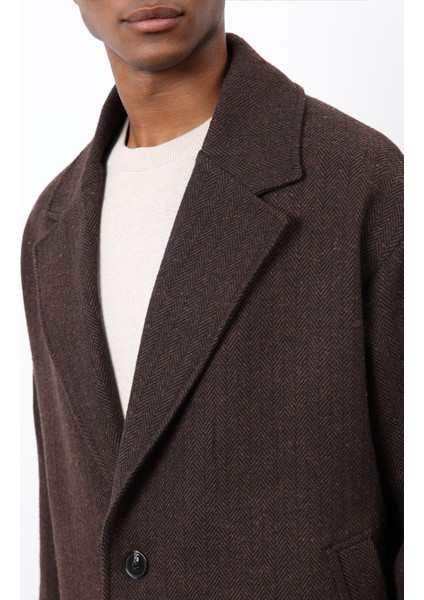 Kahve Relax Fit Balıksırtı Desenli Erkek Kaban