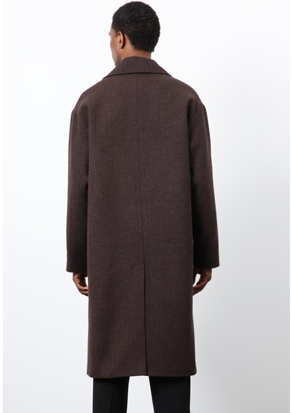 Kahve Relax Fit Balıksırtı Desenli Erkek Kaban