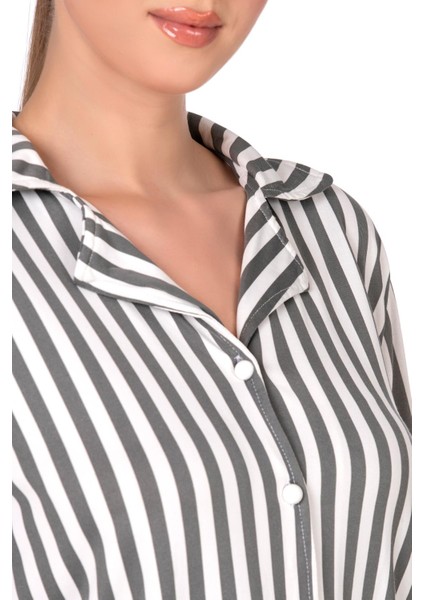 Gri Çizgili Lizbon Kumaş Içi Şardonlu Önden Düğmeli Kadın Pijama Takımı fiyatları