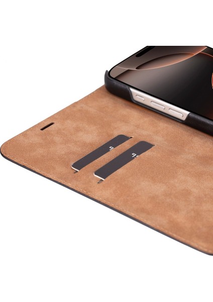 Apple iPhone 16 Pro Max Uyumlu, Hakiki Deri, El Yapımı, Cüzdanlı Kılıf, Parlak Siyah modelleri