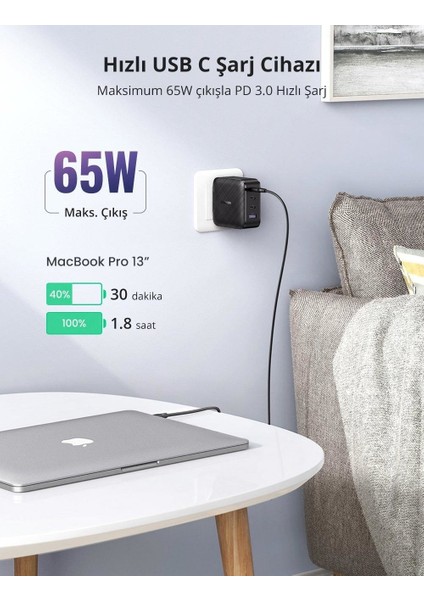 65W Şarj Cihazı Type-C 3xUSB-C, 1xUSB-A, Siyah, 70774 fiyatları