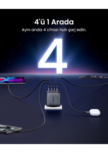 65W Şarj Cihazı Type-C 3xUSB-C, 1xUSB-A, Siyah, 70774