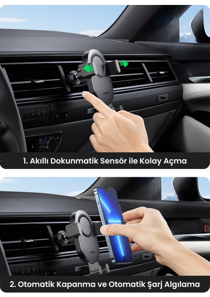 Magsafe 15W Kablosuz Araç İçi Hızlı Şarj Cihazı, Otomatik Sensörlü Tutucu, Siyah, 40118