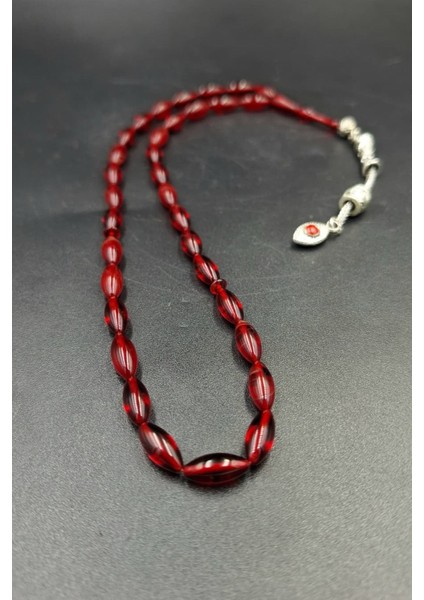 Kırmızı Arpa Kesim Alpaka Püskül Kehribar Tespih (Ahşap Kutulu)