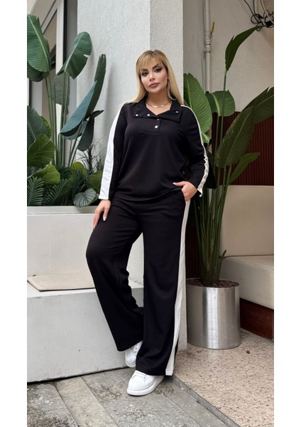 Kadın Büyük Beden Çıtçıtlı Devrik Yaka Beyaz Şeritli Likralı Takım