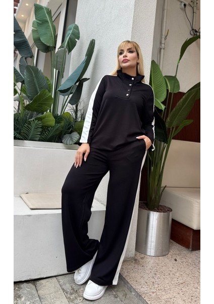 Kadın Büyük Beden Çıtçıtlı Devrik Yaka Beyaz Şeritli Likralı Takım fiyatları