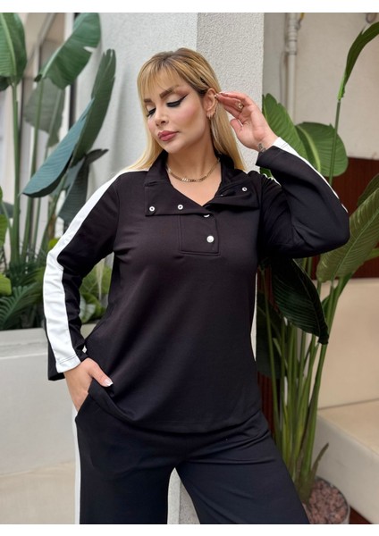 Kadın Büyük Beden Çıtçıtlı Devrik Yaka Beyaz Şeritli Likralı Takım modelleri