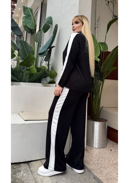 Kadın Büyük Beden Çıtçıtlı Devrik Yaka Beyaz Şeritli Likralı Takım indirimleri