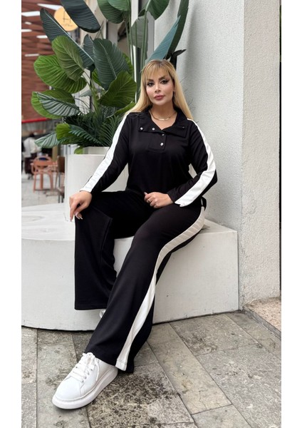 Kadın Büyük Beden Çıtçıtlı Devrik Yaka Beyaz Şeritli Likralı Takım