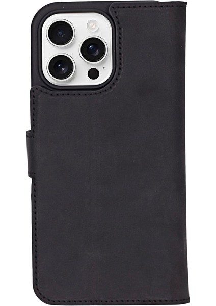 Apple iPhone 16 Pro Max Uyumlu, Hakiki Deri, El Yapımı, Cüzdanlı Kılıf, Mat Siyah fırsatları