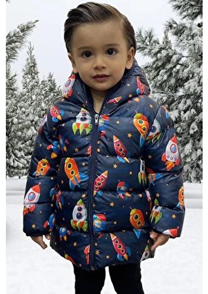 Erkek Çocuk Kışlık Polarlı Kapüşonlu Helikopter Desenli Şişme Mont & Kaban & Parka fırsatları