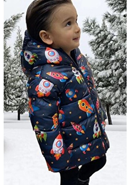 Erkek Çocuk Kışlık Polarlı Kapüşonlu Helikopter Desenli Şişme Mont & Kaban & Parka