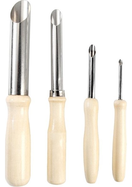 4 Parça Seramik Alet Paslanmaz Çelik Zımba Kap Deliği Sonda Pratik Ahşap Tutamak Manuel Set (Yurt Dışından)