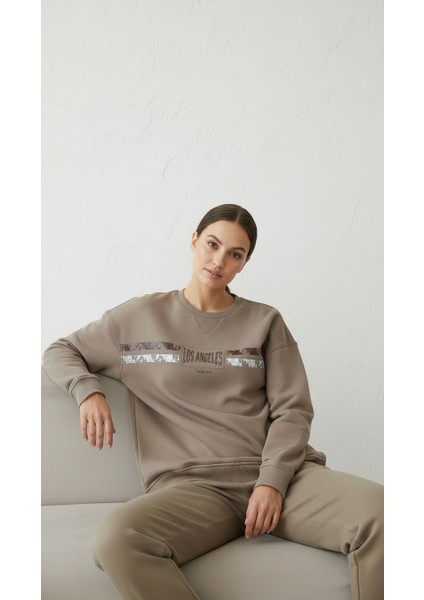 Kadın Baskılı Şardonlu Üç Ip Şevval Sweatshirt Kahverengi