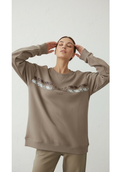 Kadın Baskılı Şardonlu Üç Ip Şevval Sweatshirt Kahverengi modelleri