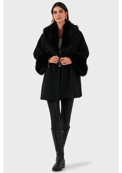 Via Dante Oversize Fit Şal Yaka Kürk Detaylı Astarlı Mont Bayan Mont 690852