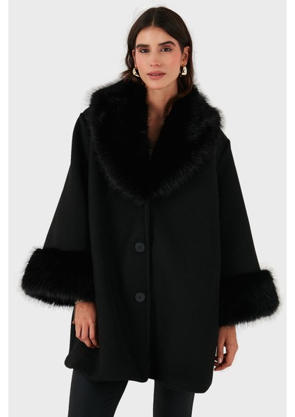 Via Dante Oversize Fit Şal Yaka Kürk Detaylı Astarlı Mont Bayan Mont 690852