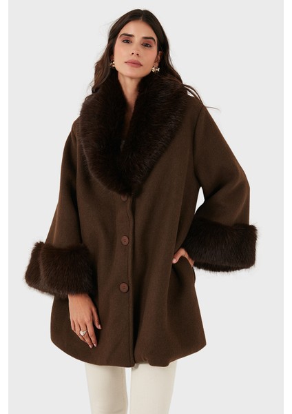 Via Dante Oversize Fit Şal Yaka Kürk Detaylı Astarlı Mont Bayan Mont 690852