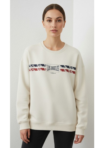 Kadın Baskılı Şardonlu Üç Ip Şevval Sweatshirt Ekru