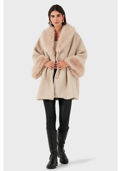 Via Dante Oversize Fit Şal Yaka Kürk Detaylı Astarlı Mont Bayan Mont 690852