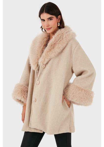 Via Dante Oversize Fit Şal Yaka Kürk Detaylı Astarlı Mont Bayan Mont 690852