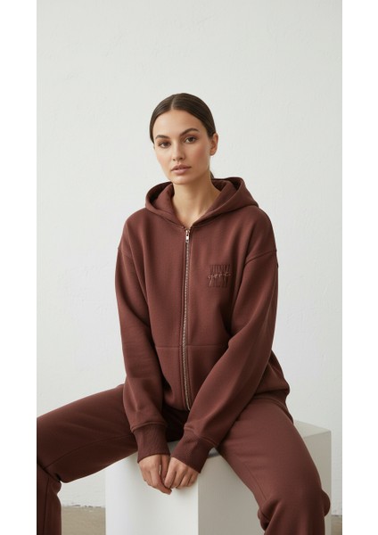 Kadın Şardonlu Üç Ip Kapşonlu Fermuarlı Emma Sweatshirt Kahverengi