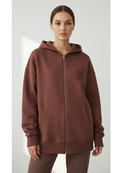 Kadın Şardonlu Üç Ip Kapşonlu Fermuarlı Emma Sweatshirt Kahverengi fiyatları