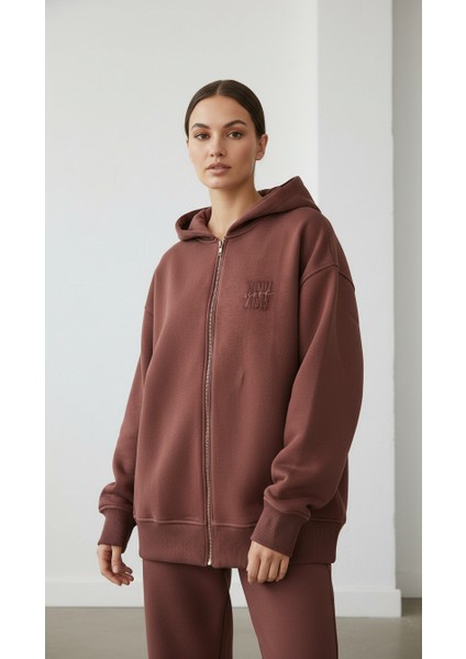 Kadın Şardonlu Üç Ip Kapşonlu Fermuarlı Emma Sweatshirt Kahverengi modelleri