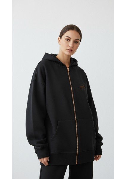 Kadın Şardonlu Üç Ip Kapşonlu Fermuarlı Emma Sweatshirt Siyah