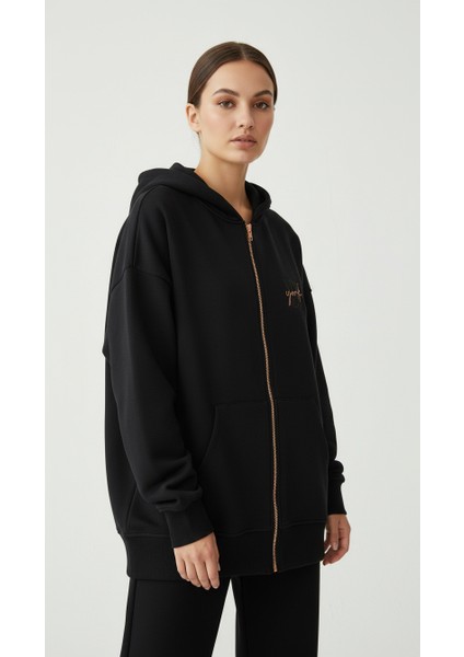 Kadın Şardonlu Üç Ip Kapşonlu Fermuarlı Emma Sweatshirt Siyah fiyatları