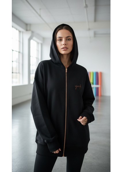 Kadın Şardonlu Üç Ip Kapşonlu Fermuarlı Emma Sweatshirt Siyah modelleri